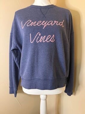 Vineyard Vines Navy Crewneck Sweater with Pink Script